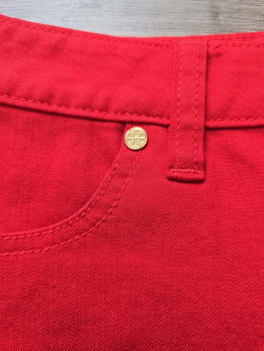Tory Burch red denim mini skirt Gold Tone Hardware Size 27